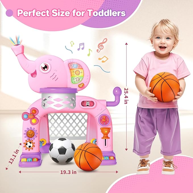 Shemira Toddler Basketball Hoop & Soccer Goal Activity Center Toys with Light & Music,Elephant Toddlers Musical Toys Gift, Baby & Toddlers Christmas Birthday Gift for 1 2 3 Year Old Boys & Girls
