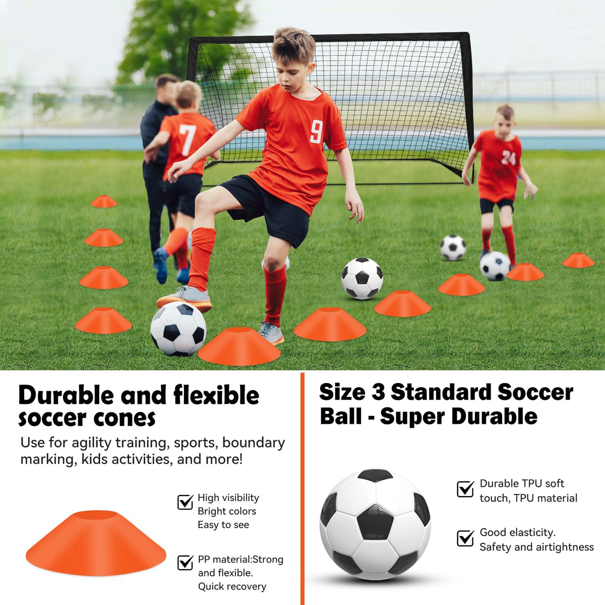 Fololicx Soccer Goals for Backyard, 2 of 6x4ft Kids Soccer Net Training Equipment Track Field Race Hurdles, Portable Pop Up Toddler Soccer Goal with Soccer Ball, Scoring Target Cloth, and Cones