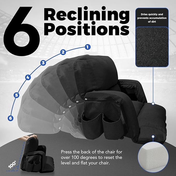 Wide Stadium Seats With Back Support, Exclusive "Sofa Style" Design Extra Thick Bleacher Chairs With Back and Cushion, 6 Reclining Positions - Ultimate Comfort for Sports Events (Black, 22.5")