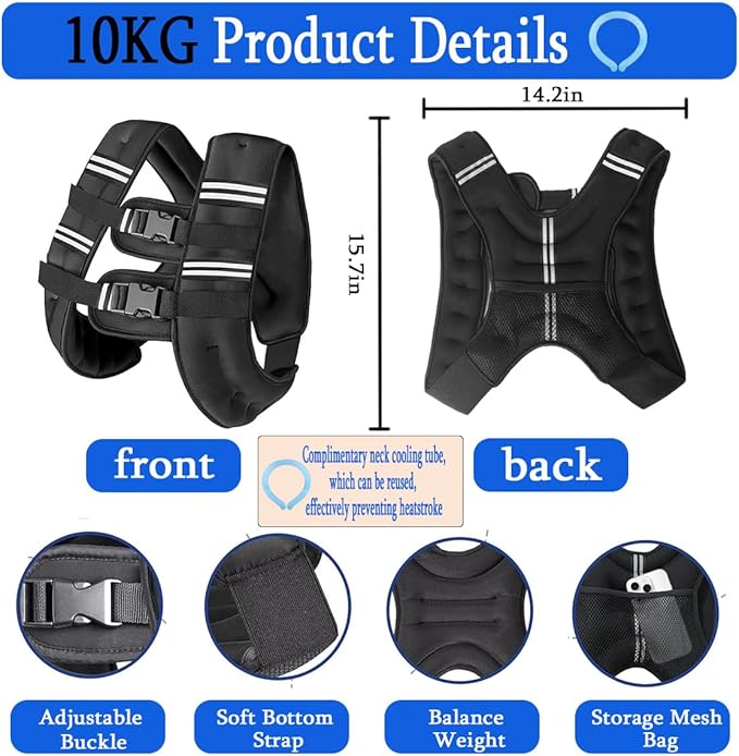 Weighted Vest for Women Men & Neck CoolingTube 2 pcs - Weighted Vest Woman,with Reflective Stripe Adjustable Safety Buckle,Men Womens weighted vest for Walking 6.6LB(3kg)11LB(5kg)17.6LB(8kg)22LB(10kg)