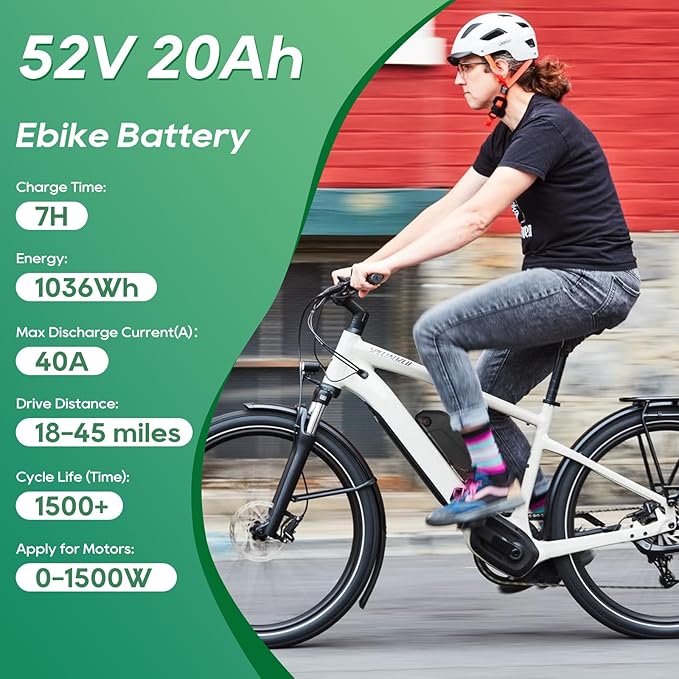 UAZ 36V 48V 52V Ebike Battery 4 Pin 10Ah 15Ah 20Ah Electric Bike Battery with 40A BMS Safe Lock, Led Indicator Light, for 200-1500W Motor Tricycle, Mountain Bicycle Batteries (52V20AH-4PIN)