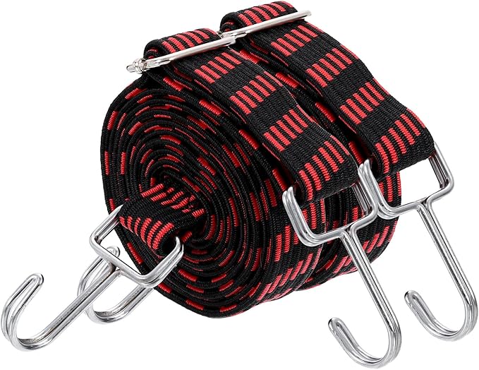 uxcell 2Pcs Adjustable Bungee Cords with Hooks, 79 Inch Flat Heavy Duty Elasticity Straps Rubber Bungee Cords with Buckle for Outdoor, Camping, Tarp, Bike Rack, Luggage, Black Red