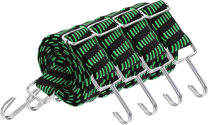 uxcell 4Pcs Adjustable Bungee Cords with Hooks, 79 Inch Flat Heavy Duty Elasticity Straps Rubber Bungee Cords with Buckle for Outdoor, Camping, Tarp, Bike Rack, Luggage, Black Green
