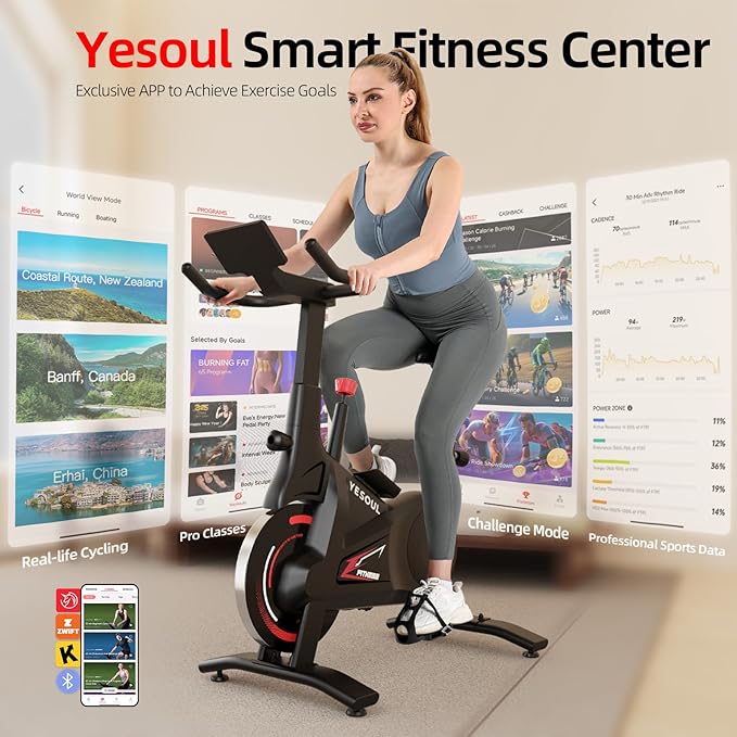 YESOUL Exercise Bike with Exclusive Smart App, Adjustable Magnetic Resistance & 300lbs Capacity, Indoor Stationary Cycling Bike with Stable Triangle Frame, Scenic Rides & Live Classes for Home Workouts