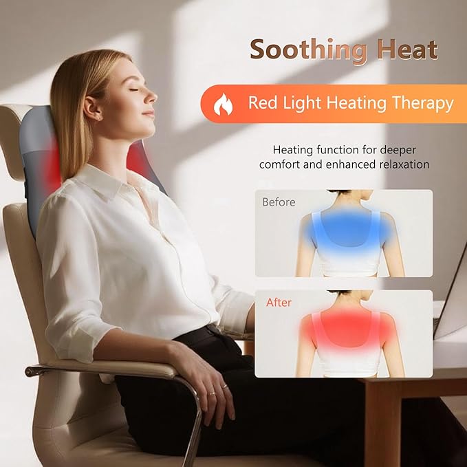 Shiatsu Back Massager with Heat,Percussion Massage Cordless Back Massage for Pain Relief Deep Tissue.4D Kneading Massage,Gift for Men Women Parents Relaxation at Christmas Office Car,Grey