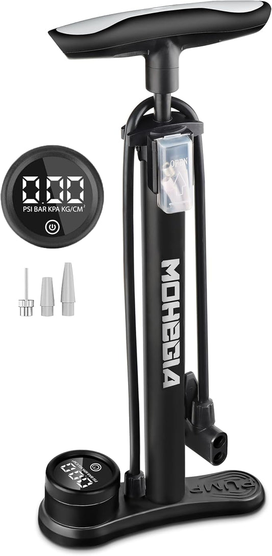MOHEGIA Bike Floor Pump with Gauge: Air Bicycle Pump with High Pressure 160 PSI,Fits Schrader and Presta Valve -Inflator with Ball Pump Needles for MTB Road Bike, Ball, Balloon, Inflatables