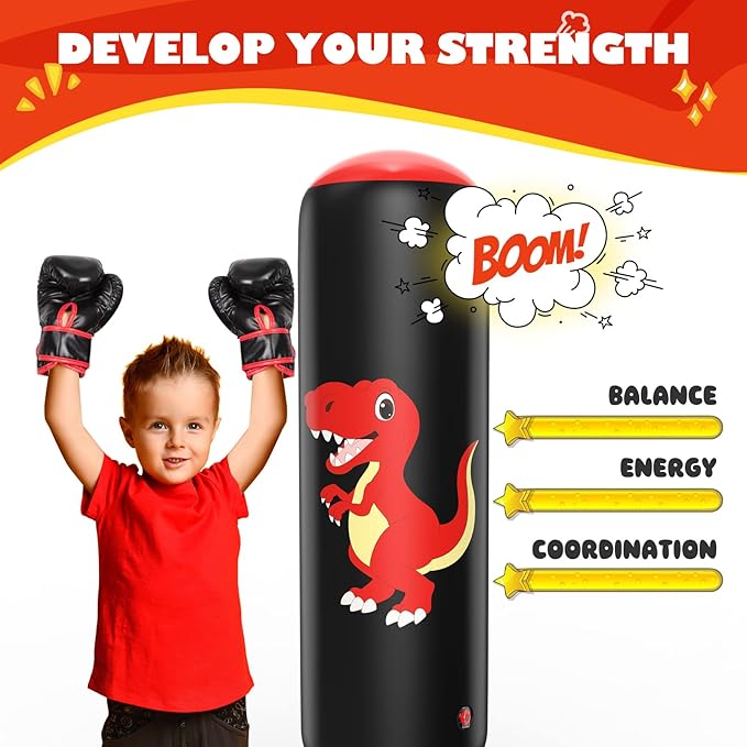 QPAU Inflatable Punching Bag, 48 Inch Stable Inflatable Boxing Bag for 3-6 Kids,Dinosaur Toy & Gifts for Boys and Girls, Kids Boxing Set for Practicing Karate, Taekwondo