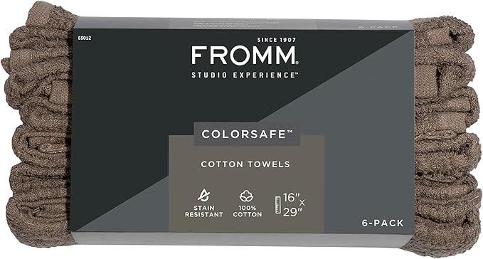Fromm ColorSafe 100% Cotton Bleach Proof Salon Hair Towels, for Hairstylists, Barbers, Spa, Gym, Absorbent and Stain-Resistant Brown Towels for Drying Long, Curly, or Wavy Hair, 16" x 29", 6 Pack