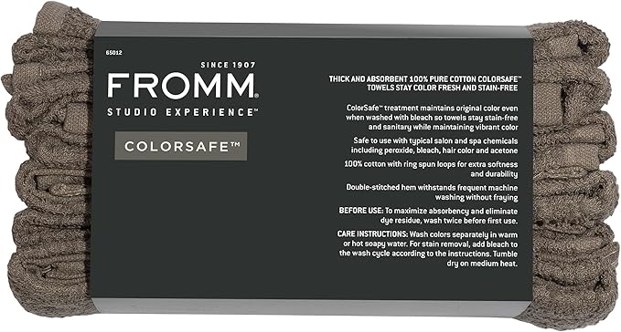 Fromm ColorSafe 100% Cotton Bleach Proof Salon Hair Towels, for Hairstylists, Barbers, Spa, Gym, Absorbent and Stain-Resistant Brown Towels for Drying Long, Curly, or Wavy Hair, 16" x 29", 6 Pack