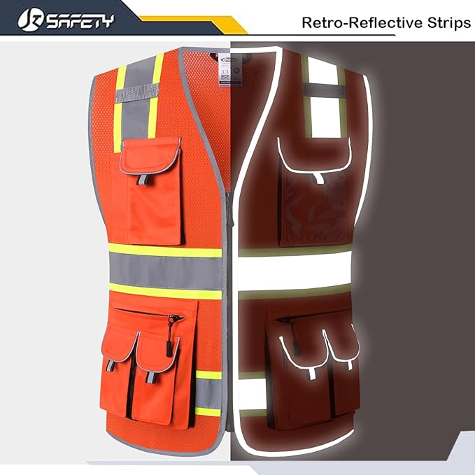 JKSafety 10 Pockets Hi-Vis Neon Color Frontal Zipper Mesh Safety Vest for Men Women Safety Utility for works Comply to ANSI/ISEA Class 2 (86-Orange L)