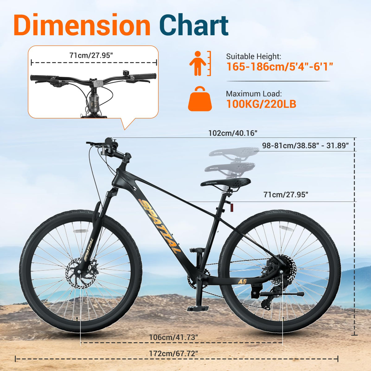 SPATIAL Mountain Bike, 24/26/27.5/29 Inch Outdoor Cycling Bike, 21/8 Speed Lightweight Aluminum Frame | Dual Disc Brakes, Adjustable Ergonomic Seat for Men Women Adult Teens (Balck, 27.5'')