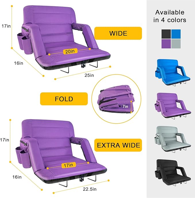 Stadium Seats with Back Support Wide, Exclusive Bleacher Chairs with Back and Cushion Folding Stadium Chairs, 6 Reclining Positions Waterproof Bleacher Seats with 2Hooks (Wide|22.5" Purple)