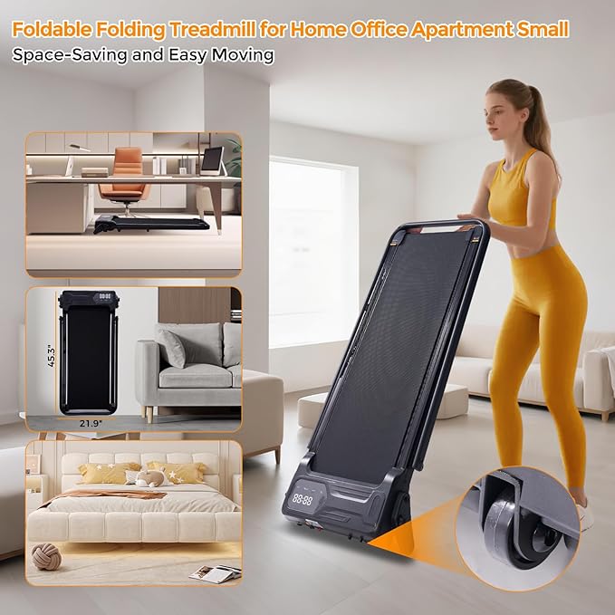Portable Foldable Walking Pad with Handle Bar and Adjustable Incline, Under Desk Walking Pads Treadmill with Incline and Handles, 3.5HP Folding Electric Treadmills for Home Small, 0.6-7.6MPH, 350LBS