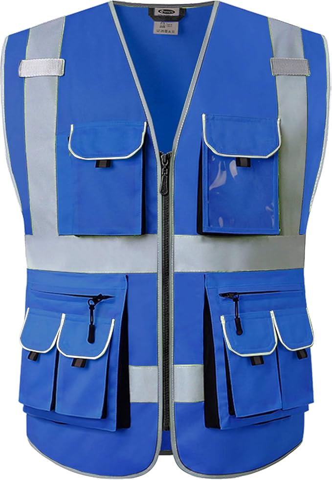 JKSafety 10 Pockets Blue Color Safety Vest Zipper Front with High Reflective Strips Meets ANSI/ISEA Standards (88-Blue, XX-Large)
