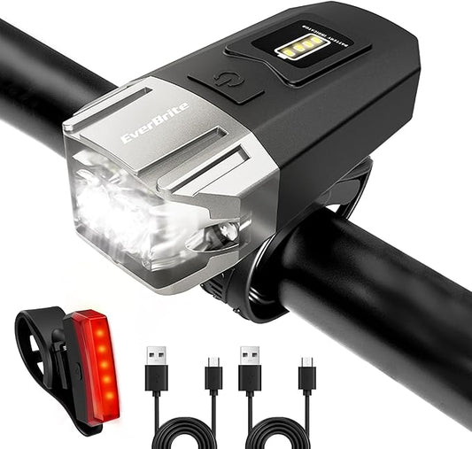 EverBrite Bike Lights for Night Riding, Rechargeable Bicycle Lights Front and Rear, 5+4 Light Modes, Bike Light Set with Charging Indicator, Waterproof Rotatable Headlight for Bike, Bike Accessories