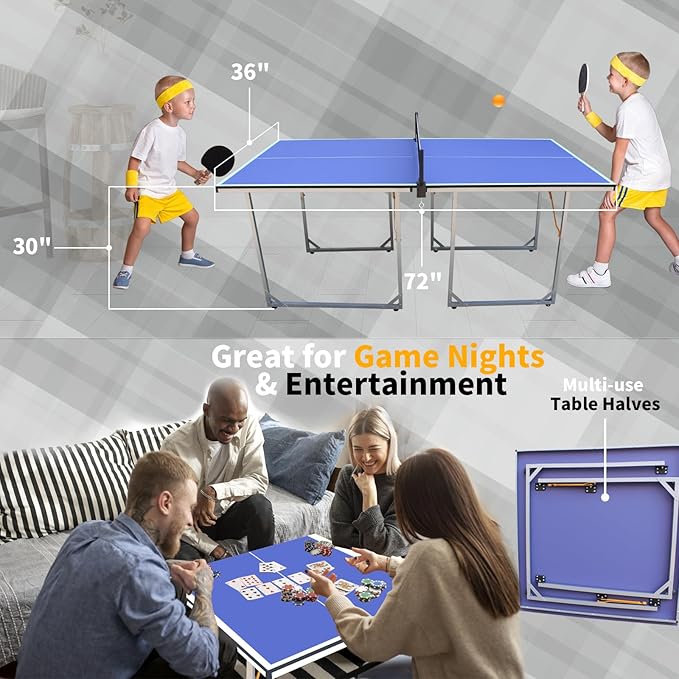 4FT/6FT/8FT/9FT Folding Rolling Table Tennis Table Regulation Ping Pong Table with 2 Paddles 3 Balls 1 Net and Post Set Fold-Up Design 4 Wheels for Easy Movement