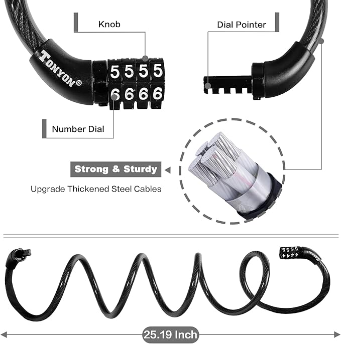 Bike Lock Cable, Bike Accessories Bicycle Lock, Bike Locks Heavy Duty Anti Theft, Combination Cable Lock for Outdoor Equipment, Black (1 Pcs, 3Ft, Preset Combo)