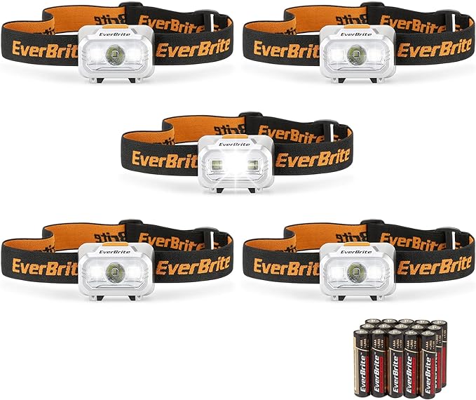 EverBrite LED Headlamp, 4 Lighting Modes, Pivoting Head with Adjustable Headband, IPX4 Water Resistant Perfect for Running, Camping and Hiking, 3 AAA Battery Powered(5 Pack)