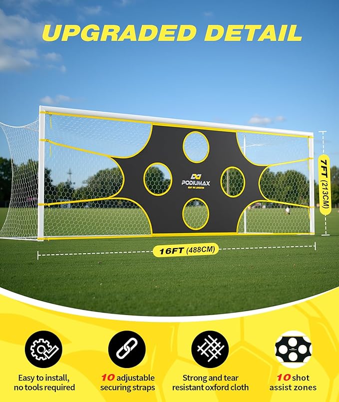PodiuMax Soccer Goal Target Net with 10 Scoring Zones, 16x7 FT Adjustable Soccer Training Aide, Practice Shooting and Passing Accuracy, Portable Football Accessories