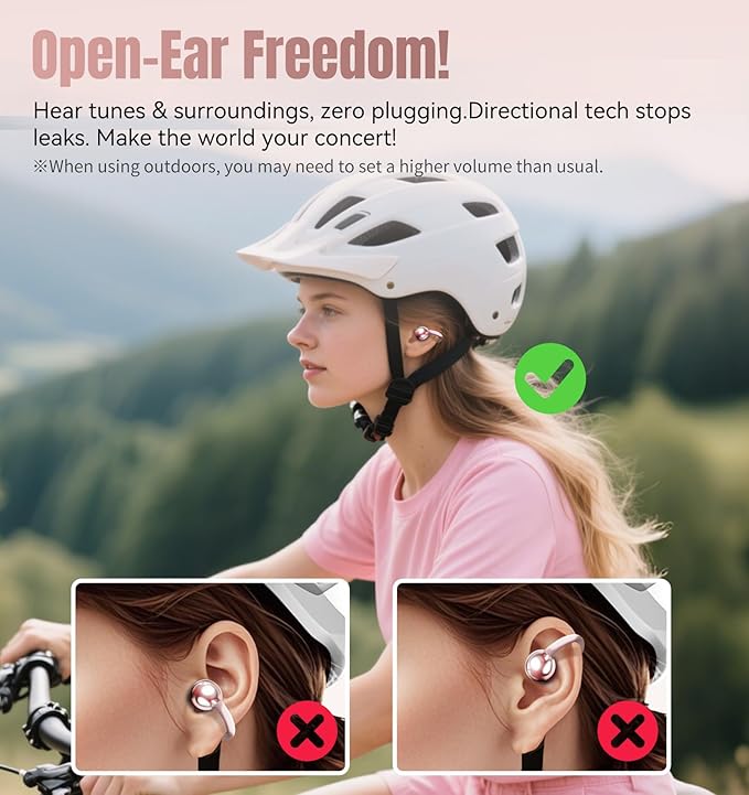 King Lucky Clip on Earbuds Open Ear Wireless Bluetooth 5.4 Headphones with Mic,50H Play,Noise Cancelling,Waterproof,Sports Ear Buds,Comfortable for Small Ears & Glasses Wearers,Workouts (Pink)