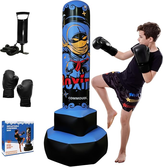 COMMOUDS 67inch Punching Bag for Kids, Inflatable Kids Boxing Set with Gloves, Fast Rebound Punching Bag for Practicing Karate, Taekwondo, MMA, Christmas/Birthday Gift for Boys Girls, Ages 6-14