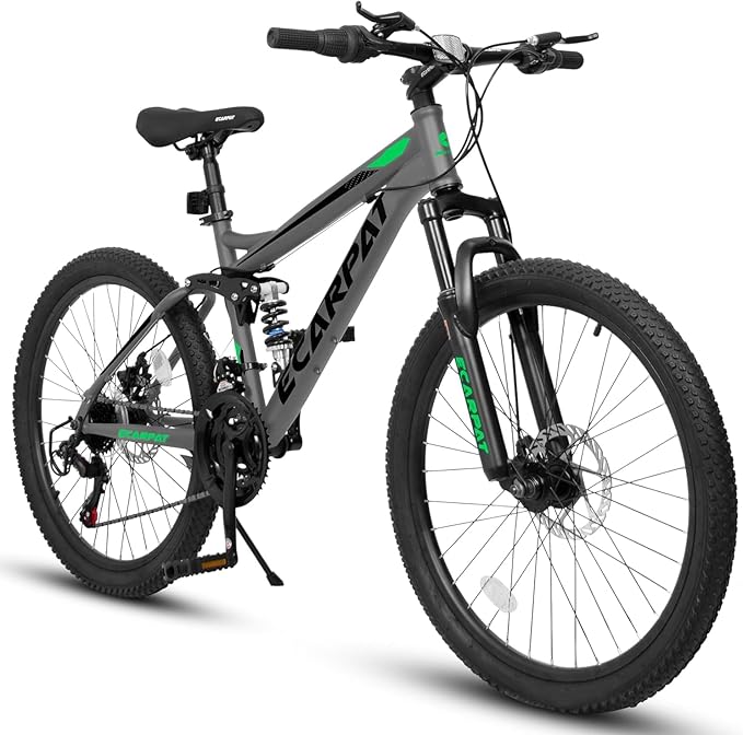 Mountain Bike 24 26 27.5 Inch, Dual Full Suspension Mens Womens Bike, 21 Speeds Dual Disc Brake Carbon Steel Bike, Boys Mens Mountain Bike for School Work Summer Camping, Birthday Gift Choice