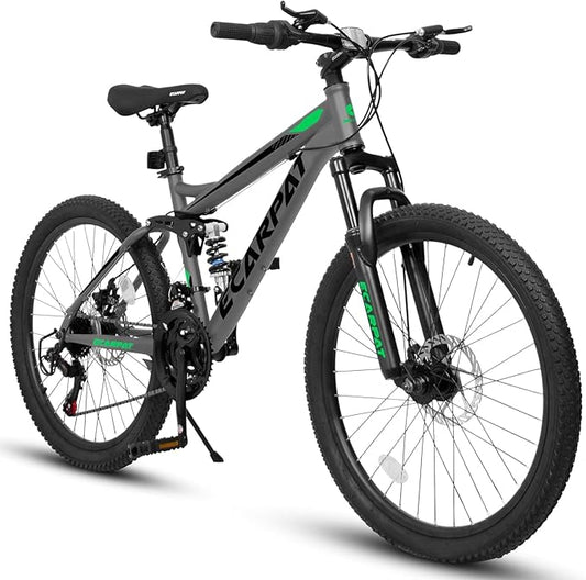 Mountain Bike 24 26 27.5 Inch, Dual Full Suspension Mens Womens Bike, 21 Speeds Dual Disc Brake Carbon Steel Bike, Boys Mens Mountain Bike for School Work Summer Camping, Birthday Gift Choice
