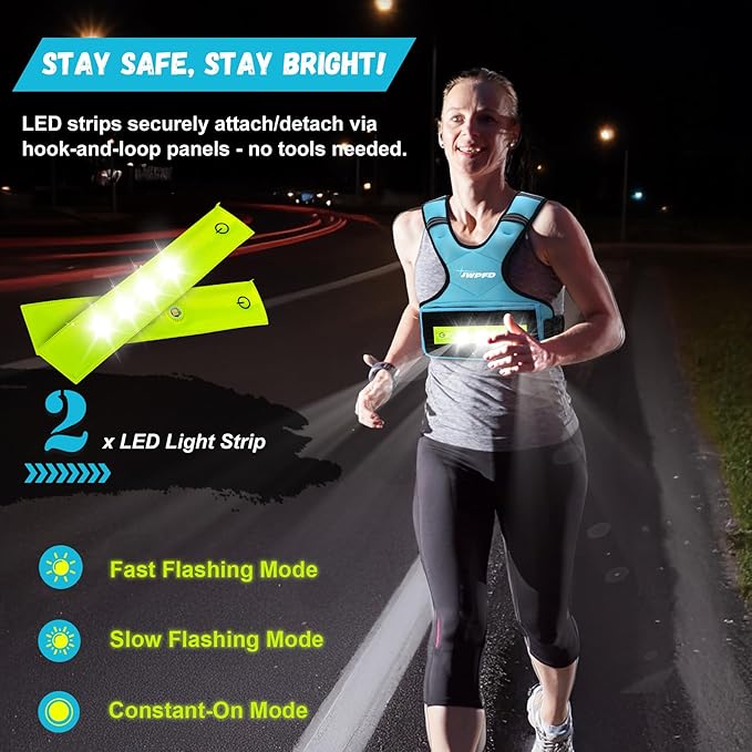 Adjustable Weighted Vest for Women Men, 6-15 Lbs Rucking Vest with LED Light Strips, Weight Vest with 6 Ironsand Weights, and Zipper Pocket for Strength Training, Walking, Running