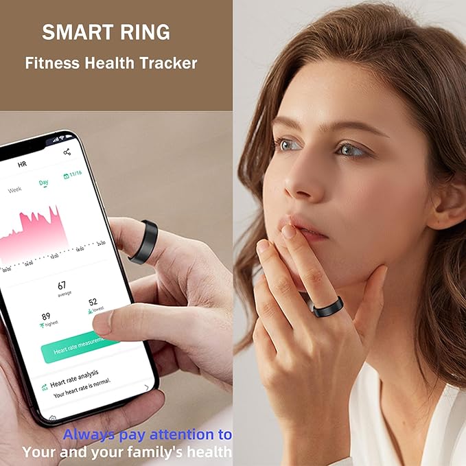 HitTopss Smart Ring, Fitness Tracking Smart Ring with Calories/Heart Rate/Blood Oxygen/Sleep Monitoring, IP68 Waterproof, No APP Subscription (Black, Size 8)