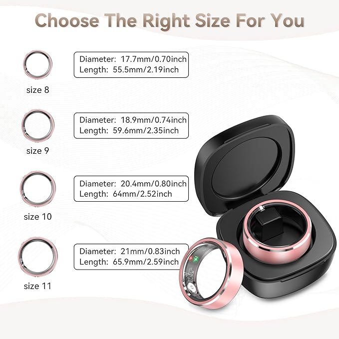 Health Smart Ring for Men Women, Fitness Tracker with Heart Rate/Blood Pressure/Blood Oxygen Monitor,Sleep Tracker,Pedometer, IP68 Waterproof Ring for iPhone&Android, No Subscription (Pink, Size10）