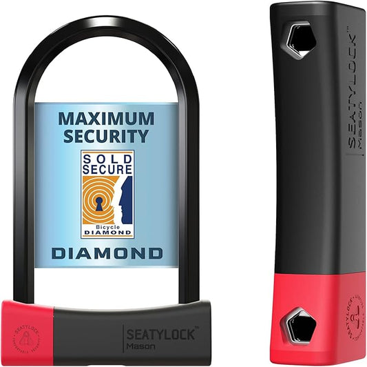 Seatylock Mason Bike U Lock - Patented Heavy Duty Anti Theft Diamond Secure ULock - Ultra Security Bicycle Safety Tool with Keys for City Electric or Mountain Bikes and Scooters
