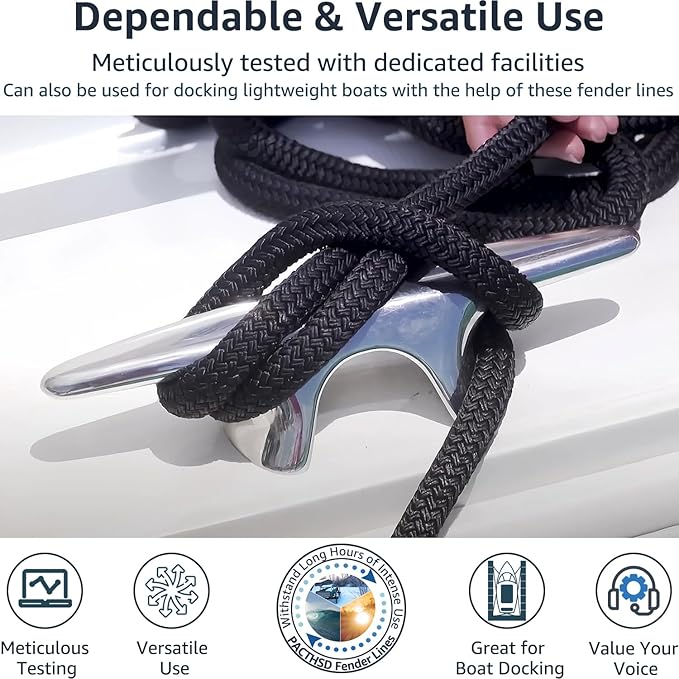 4 Pack 3/8 Inch x 10 ft Boat Fender Lines - Marine Grade Nylon Boat Rope with 5" Loop for Tying Fenders and Docking - Double Braided Dock Lines, Easy Handling, Fray Resistant, Black