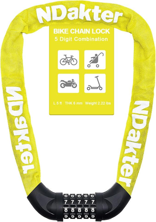 NDakter Bike Chain Lock, 5 Digit Combination Heavy Duty Anti Theft Bicycle Chain Lock,2.62/3.2/4.27/5/6Ft Long Security Resettable Bike Locks for Bike, Bicycle, Scooter, Door, Gate, Fence-4/6mm Thick