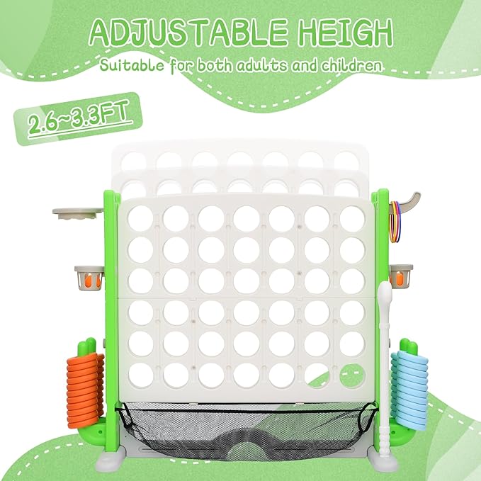 Giant 4 in A Row Game, Height Adjust Connect 4 Jumbo Yard Game Set for Kids & Adults with Mesh Catching Bag, Golf, Basketball Hoop & Ring Toss, 4-to-Score Games for Indoor/ Outdoor Fun