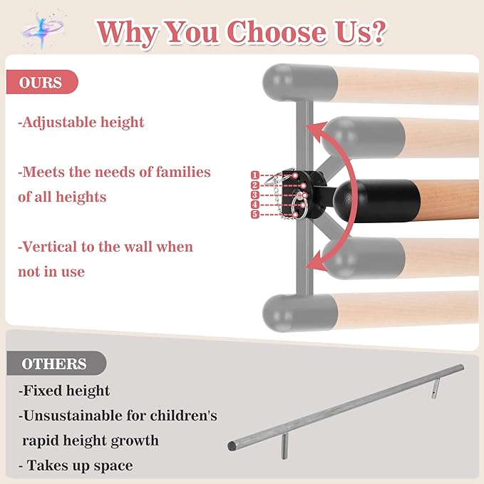 Ballet Barre Wall Mounted, Adjustable Wood Ballet Bar, 6ft Ballet Barre for 2 people, Traditional Wooden Ballet Barre System for Home Barre Workout Equipment, Height Adjustable, for Kids and Adults