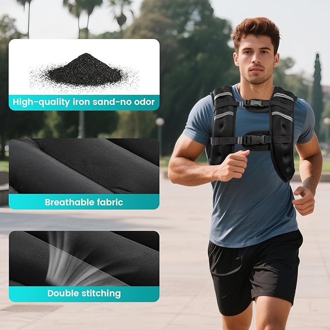 Weighted Vest, 6lb/8lb/12lb/16lb/20lb/30lb for Men, Women with Reflective Stripe, Weight Vests Adjustable for Workout, Strength Training, Running, Fitness, Muscle Building, Weight Loss