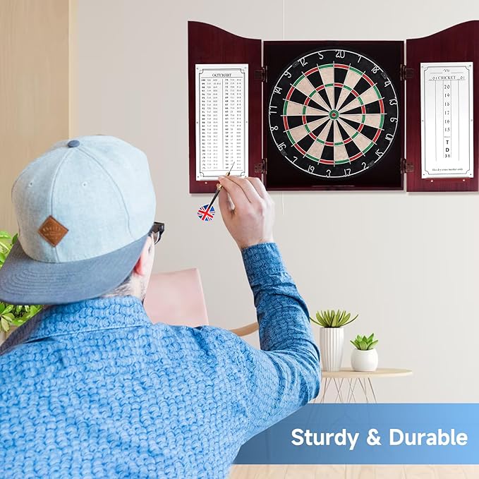 GSE Games & Sports Expert Professional Solid Wood Classic Dartboard Cabinet with Sisal/Bristle Dartboard, Scoreboard, and 6 Steel Tip Darts, Easy Assembly Complete with All Accessories (Deluxe Cherry)