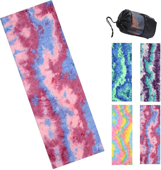 Tie-Dye Hot Yoga Towel with Non-Slip Grip Dots, Microfiber Yoga Mat Sweat Absorbent Mat Cover for Yoga, Pilates, & Workouts - 72" x 24.8", Free Carry Bag (Pink)