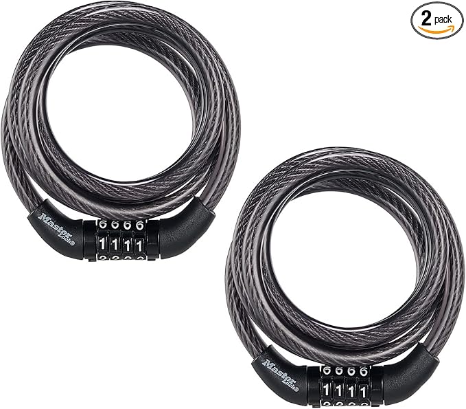 Master Lock Black Set Preset Combination Bike Lock, Metal Cable Lock has a Weather Resistant Vinyl Coating for Outdoor Equipment, Bicycles, 4 Feet Long, Pack of 2, 8143T