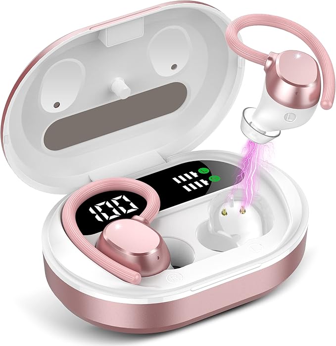 Ear Buds Wireless Earbuds, HiFi Stereo Bluetooth 5.3 Running Headphones with Dual LED Display 30Hrs Playtime, Built-in Mic, Type-C, in-Ear Bluetooth Earphones with Earhooks for Sport, Rose Gold