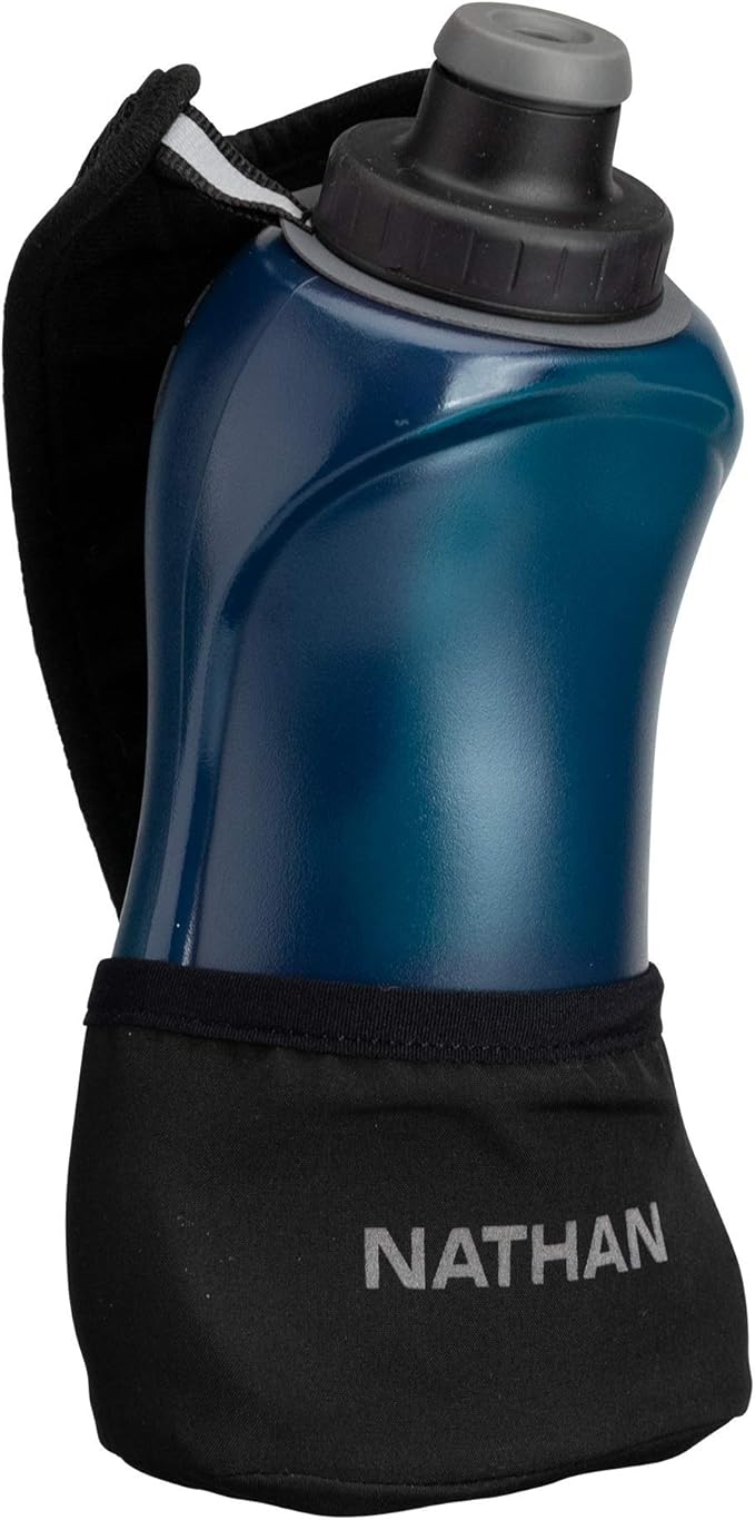 Nathan Running Handheld Water Bottle Adjustable No-Grip Quick Squeeze Lite Hand Strap. 12 oz Insulated Water Bottle. Reflective Hydration