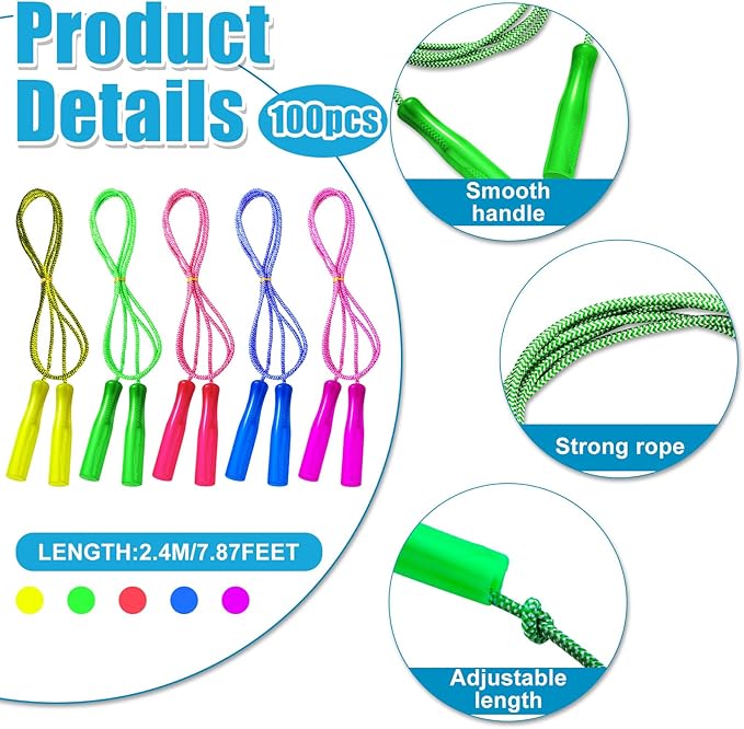 Honoson 100 Pcs Rainbow Jump Rope Bulk Gift for Kids 7.8ft Nylon Stripe Ropes with Handle Adjustable Colorful Party Favor Christmas Item Gift Outdoor Exercise Fitness (Multicolor)
