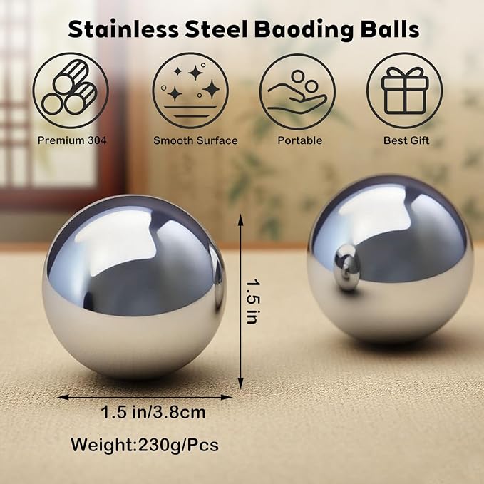 Stainless Steel Baoding Balls Set, 1.5 inch Chinese Health Massage Balls for Hand Therapy, Exercise, and Stress Relief, No Chime Handball