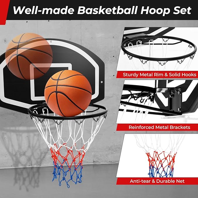 Goplus Wall Mount Basketball Hoop, 28.5’’ x 18’’ Large Backboard with 17’’ Rim, Shatter-Proof Backboard, All-Weather Net, Door Wall Mounted Indoor Outdoor Basketball Playset for Backyard Family Games