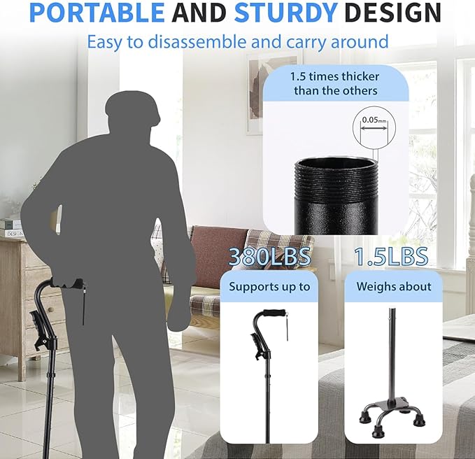 LIXIANG Walking Canes Stablize Women Quad Canes for Seniors & Adults Foldable Adjustable for Men & Women Heavy Duty Freestanding Cane for People with Leg Injuries 3 footings