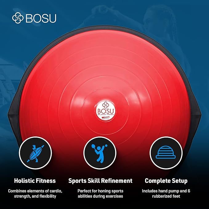 Bosu Balance Ball Exercise Trainer, Home Gym Equipment w/ Guided Workouts & Pump, 26", Blue - Inflatable Fitness Platform for Strength Training, Standing, Balancing, and Core Workout