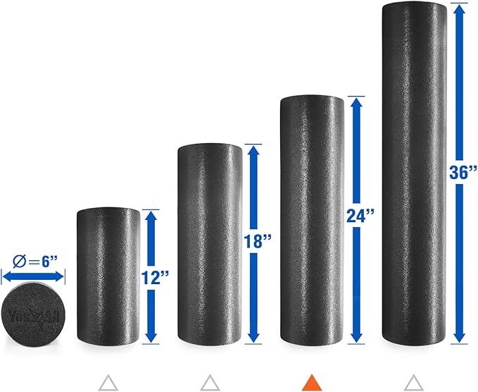 Yes4All Medium Firm Round PE Foam Roller 12, 18, 24, 36 Inches for Pilates, Yoga, Stretching, Balance & Core Exercises