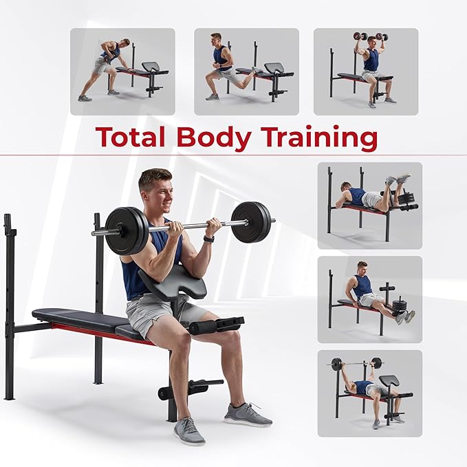 Sunny Health & Fitness Compact Premium Incline Bench Press Bar Rack Set & Optional Leg Extension Developer, Preacher Curl for Solid Strength Training Home Gym