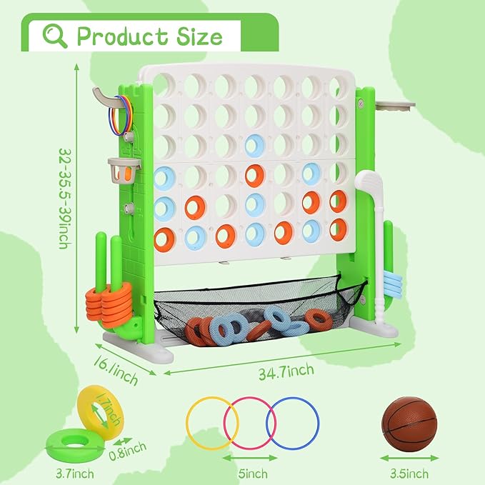 Giant 4 in A Row Game, Height Adjust Connect 4 Jumbo Yard Game Set for Kids & Adults with Mesh Catching Bag, Golf, Basketball Hoop & Ring Toss, 4-to-Score Games for Indoor/ Outdoor Fun
