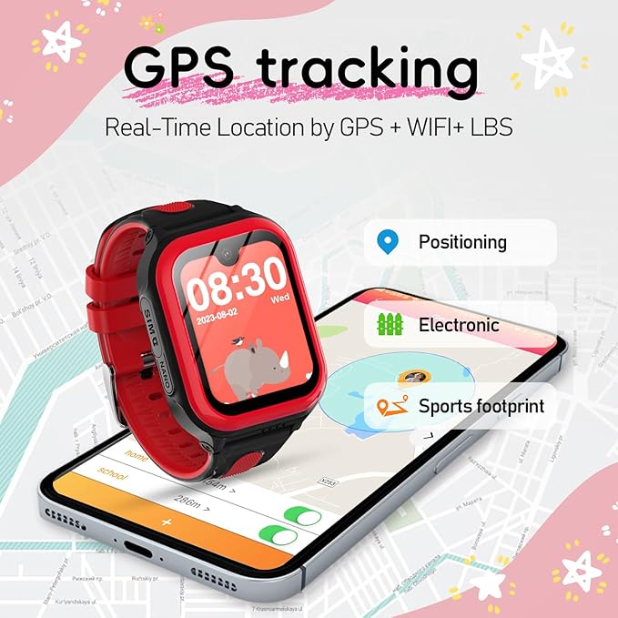 Wonlex 4G GPS Smartwatch for Kids, 1.78" AMOLED Touchscreen Phone Watch with SIM Card, Video Calls, Voice Chat, SOS, Camera, Music, Pedometer, Game, Birthday Gift for Girls Boys Ages 8-15(Red)